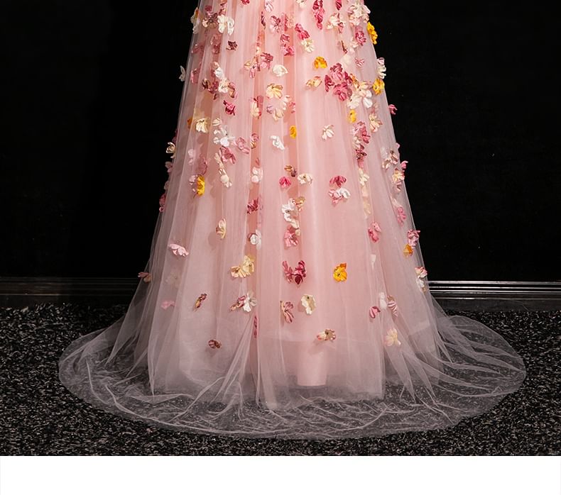 Mesh Applique Gown Strap A-Line Spaghetti Floral Evening