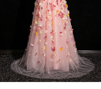 Mesh Applique Gown Strap A-Line Spaghetti Floral Evening