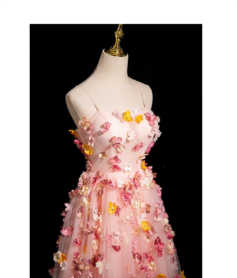 Mesh Applique Gown Strap A-Line Spaghetti Floral Evening