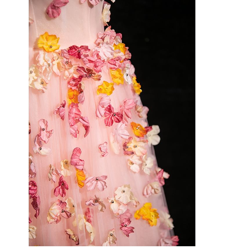 Mesh Applique Gown Strap A-Line Spaghetti Floral Evening
