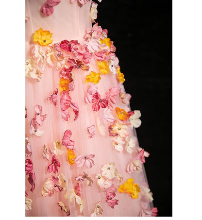 Mesh Applique Gown Strap A-Line Spaghetti Floral Evening