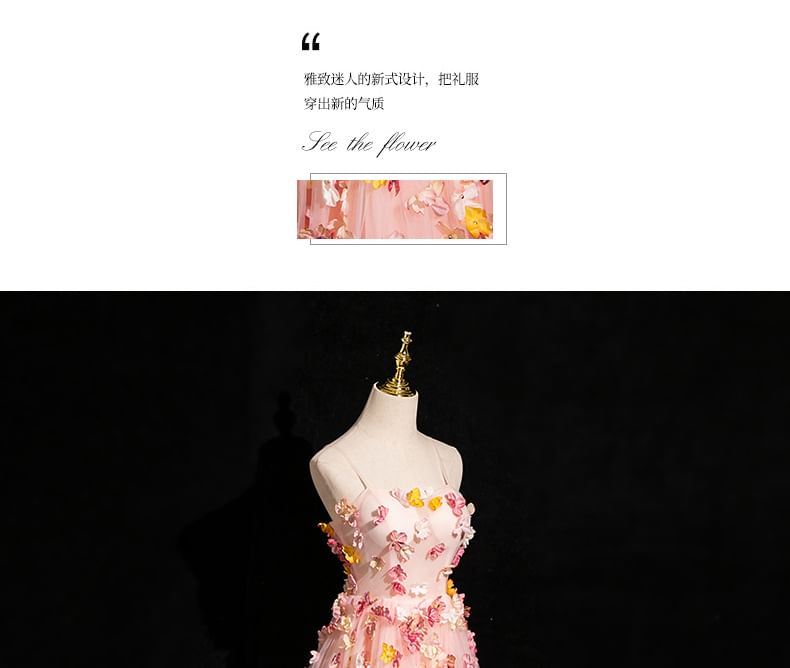 Mesh Applique Gown Strap A-Line Spaghetti Floral Evening