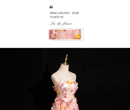 Mesh Applique Gown Strap A-Line Spaghetti Floral Evening