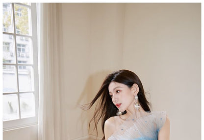 Shoulder One Evening Mermaid Gown Sequined Ombre