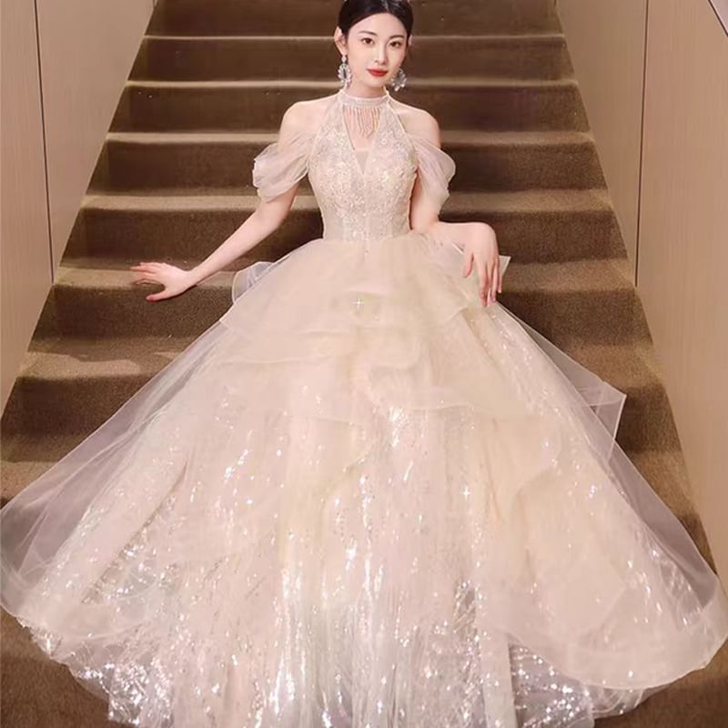 Sequined Ruffled Cold-Shoulder Gown Evening A-Line