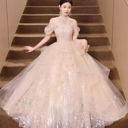 Sequined Ruffled Cold-Shoulder Gown Evening A-Line