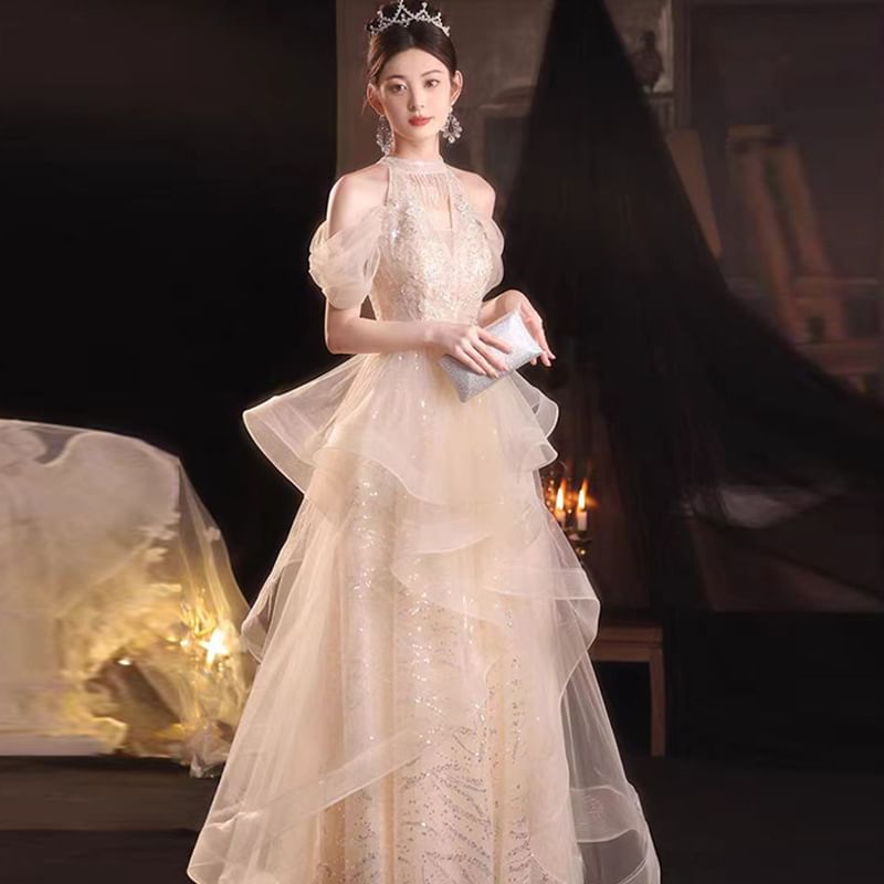 Sequined Ruffled Cold-Shoulder Gown Evening A-Line