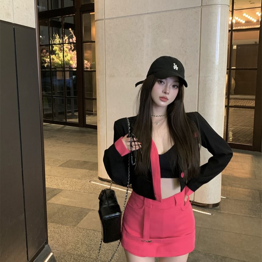 Two Blazer Designs) / Mini (Various Notch High Skirt Waist Pencil Two-Piece Tone Plain Mock Lapel