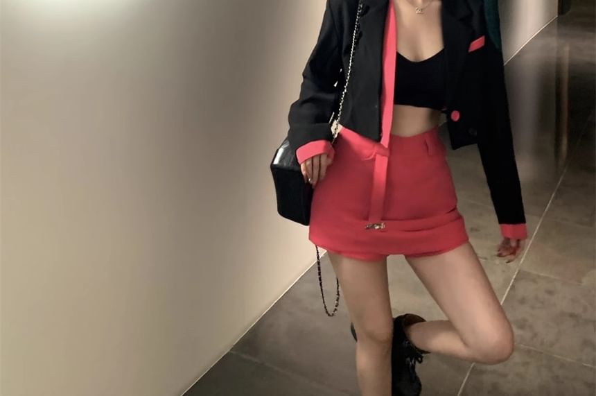 Two Blazer Designs) / Mini (Various Notch High Skirt Waist Pencil Two-Piece Tone Plain Mock Lapel