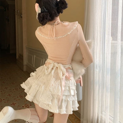 Plain Neck Skirt High A-Line Tiered Lace Mini Bow Apron Top Long-Sleeve Set Accent / Halter Rise Trim Two-Piece Crop Mock Knit Half