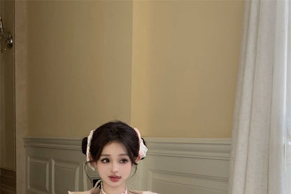 Plain Neck Skirt High A-Line Tiered Lace Mini Bow Apron Top Long-Sleeve Set Accent / Halter Rise Trim Two-Piece Crop Mock Knit Half