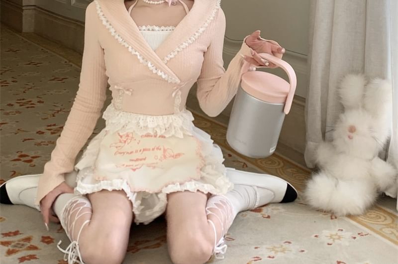 Plain Neck Skirt High A-Line Tiered Lace Mini Bow Apron Top Long-Sleeve Set Accent / Halter Rise Trim Two-Piece Crop Mock Knit Half