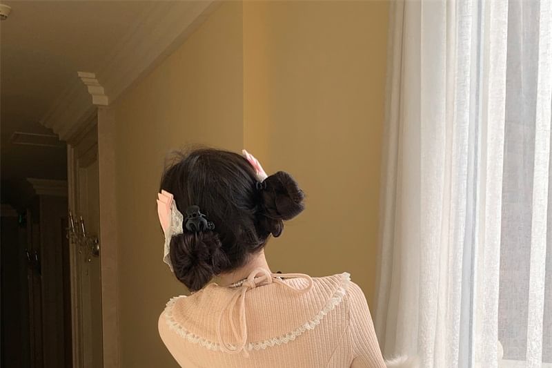 Plain Neck Skirt High A-Line Tiered Lace Mini Bow Apron Top Long-Sleeve Set Accent / Halter Rise Trim Two-Piece Crop Mock Knit Half