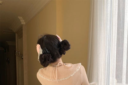 Plain Neck Skirt High A-Line Tiered Lace Mini Bow Apron Top Long-Sleeve Set Accent / Halter Rise Trim Two-Piece Crop Mock Knit Half