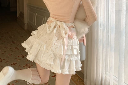 Plain Neck Skirt High A-Line Tiered Lace Mini Bow Apron Top Long-Sleeve Set Accent / Halter Rise Trim Two-Piece Crop Mock Knit Half