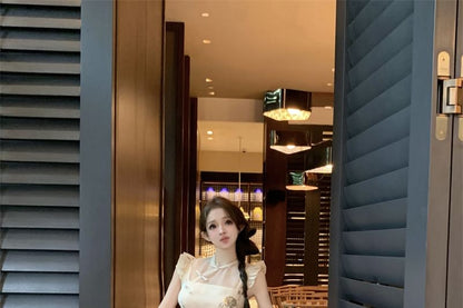 / Floral Top Collar Tube Embroidered Rise Set Pants Crop Frog Buttoned Cap-Sleeve Leg Plain Slit Wide Stand High