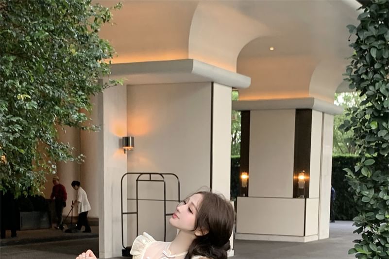 / Floral Top Collar Tube Embroidered Rise Set Pants Crop Frog Buttoned Cap-Sleeve Leg Plain Slit Wide Stand High