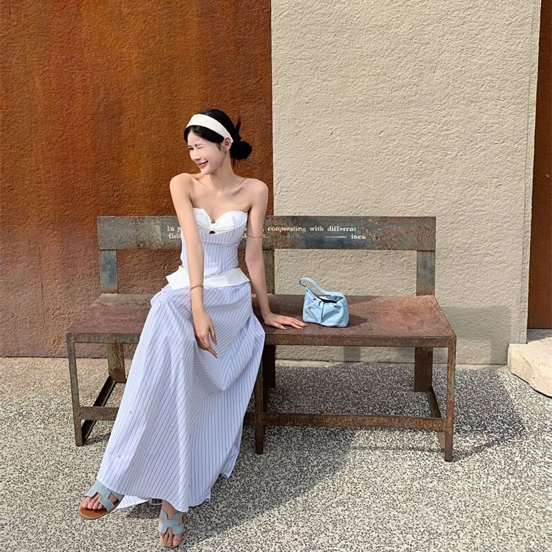 Top Mock Sweetheart Cutout Striped Two-Piece Camisole Skirt A-Line / Maxi Crop High Neckline Waist