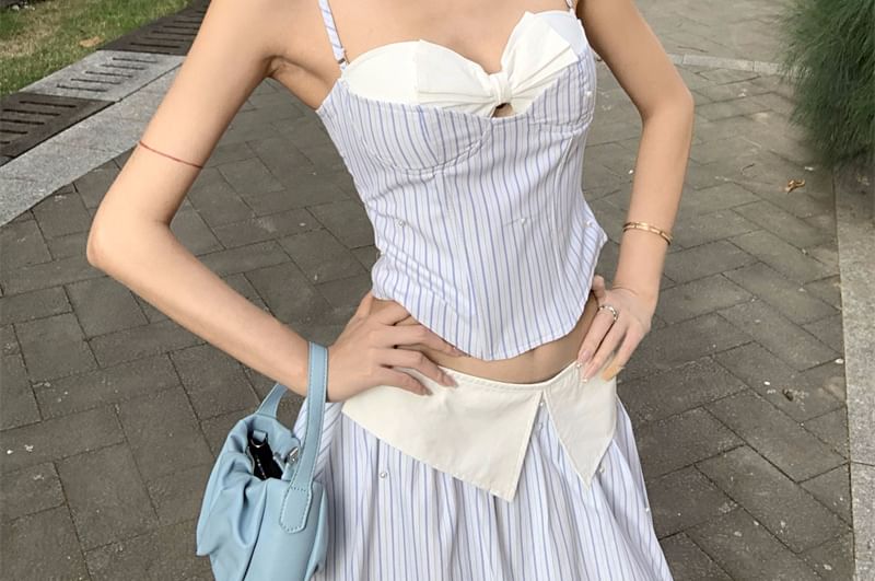 Top Mock Sweetheart Cutout Striped Two-Piece Camisole Skirt A-Line / Maxi Crop High Neckline Waist