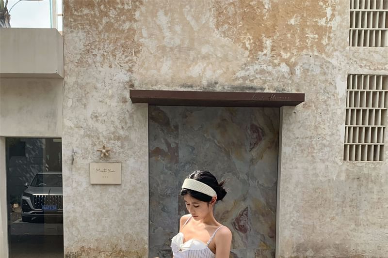 Top Mock Sweetheart Cutout Striped Two-Piece Camisole Skirt A-Line / Maxi Crop High Neckline Waist