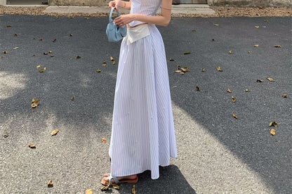 Top Mock Sweetheart Cutout Striped Two-Piece Camisole Skirt A-Line / Maxi Crop High Neckline Waist