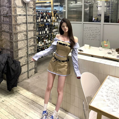 Striped Blouse Long-Sleeve Off-Shoulder Belt A-Line / Crop Panel Smocked Waist Mini Skirt Mock High Set Two-Piece