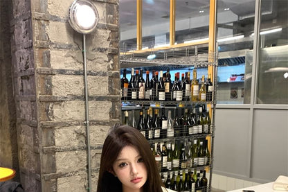 Striped Blouse Long-Sleeve Off-Shoulder Belt A-Line / Crop Panel Smocked Waist Mini Skirt Mock High Set Two-Piece