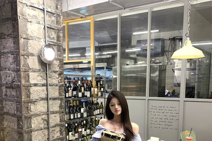 Striped Blouse Long-Sleeve Off-Shoulder Belt A-Line / Crop Panel Smocked Waist Mini Skirt Mock High Set Two-Piece