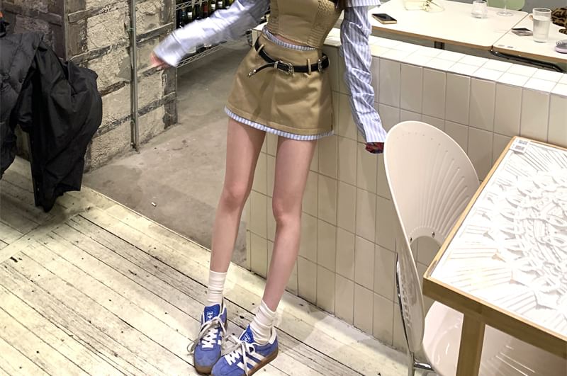 Striped Blouse Long-Sleeve Off-Shoulder Belt A-Line / Crop Panel Smocked Waist Mini Skirt Mock High Set Two-Piece