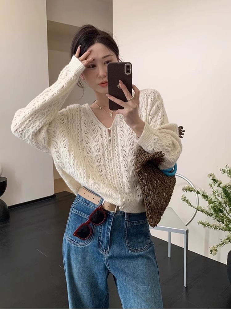 Cardigan Pearl Faux Knit V-Neck Pointelle Plain Button