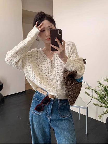 Cardigan Pearl Faux Knit V-Neck Pointelle Plain Button