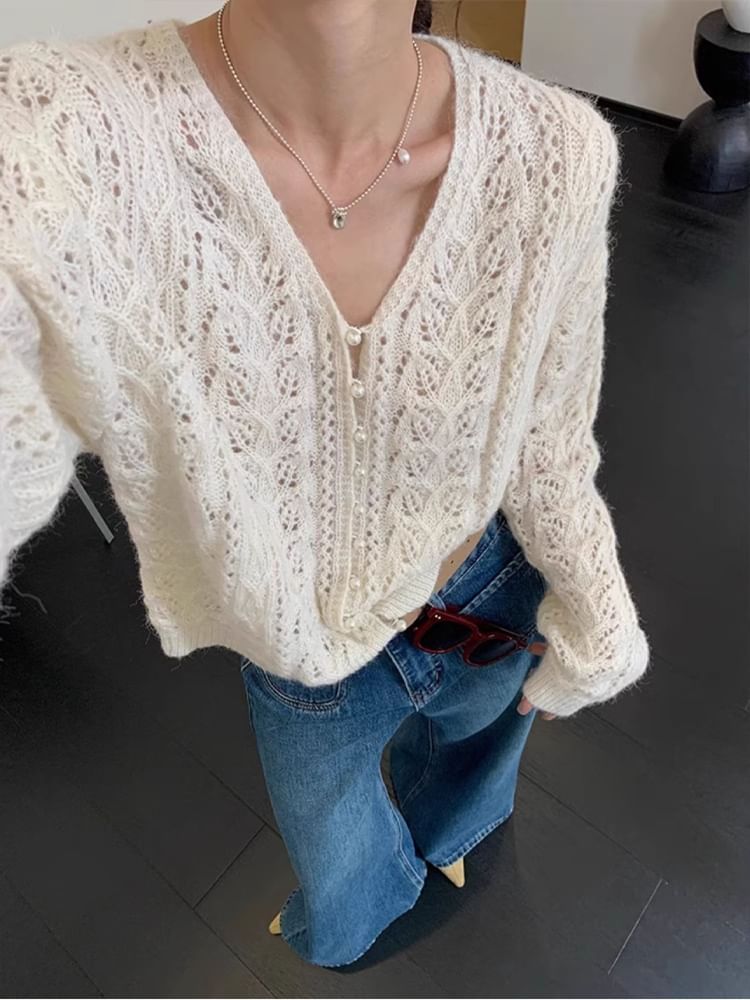 Cardigan Pearl Faux Knit V-Neck Pointelle Plain Button