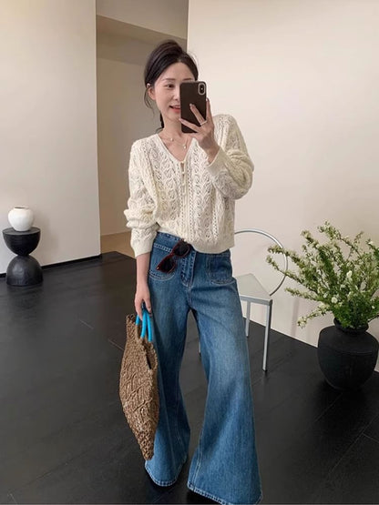 Cardigan Pearl Faux Knit V-Neck Pointelle Plain Button