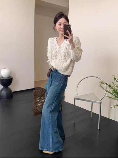 Cardigan Pearl Faux Knit V-Neck Pointelle Plain Button