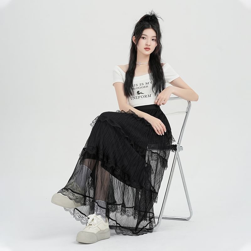 Skirt High Waist Lace Midi A-Line Plain Tiered