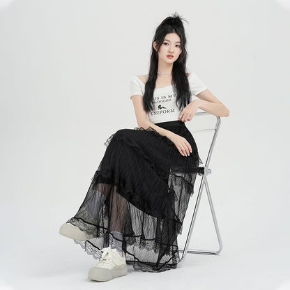 Skirt High Waist Lace Midi A-Line Plain Tiered