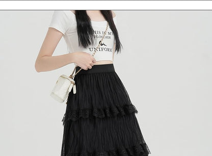 Skirt High Waist Lace Midi A-Line Plain Tiered