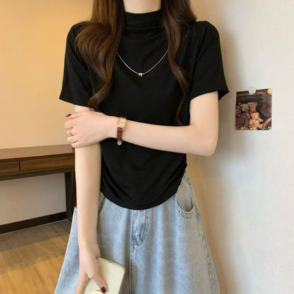 Ruched Short-Sleeve Plain Knit Neck Mock Top