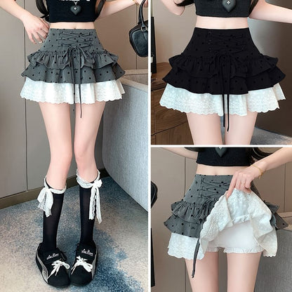 Dotted Tiered A-Line Panel Waist High Lace Mini Bow Skirt