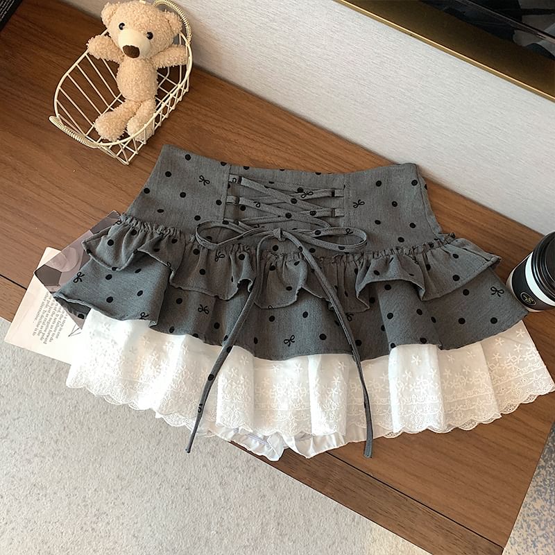 Dotted Tiered A-Line Panel Waist High Lace Mini Bow Skirt