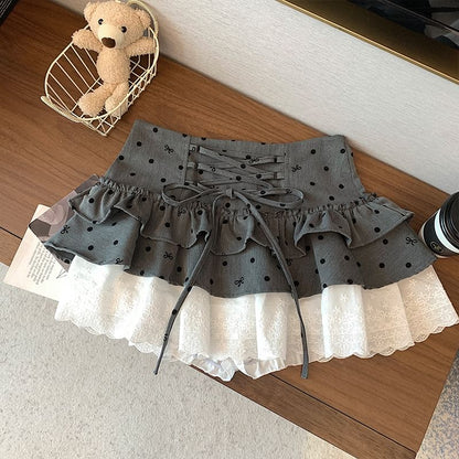 Dotted Tiered A-Line Panel Waist High Lace Mini Bow Skirt