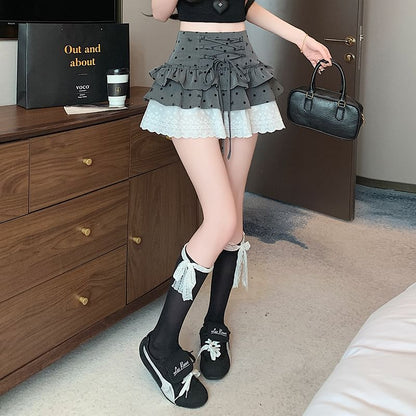Dotted Tiered A-Line Panel Waist High Lace Mini Bow Skirt