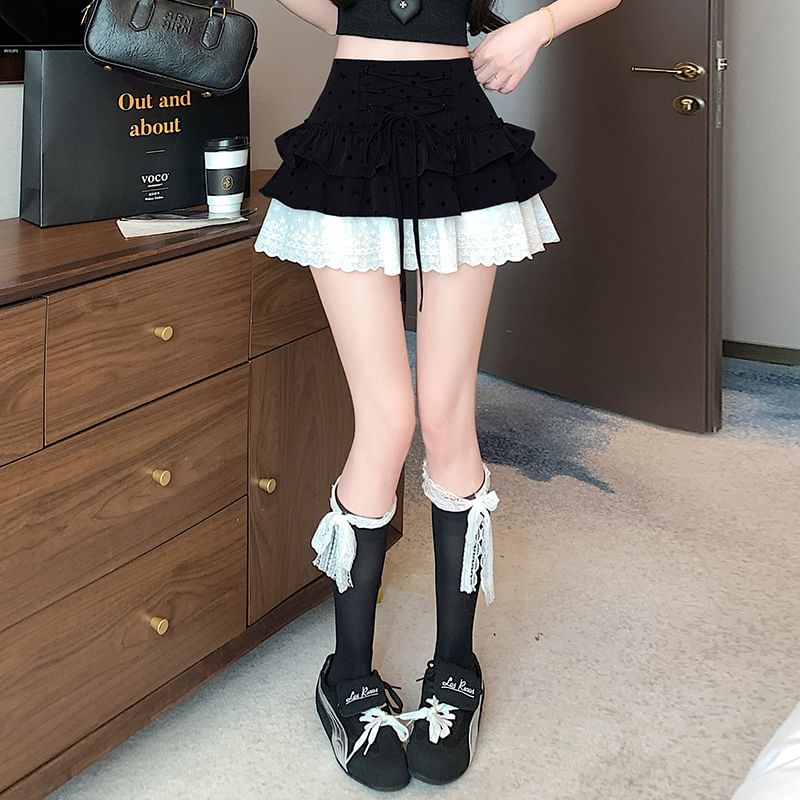 Dotted Tiered A-Line Panel Waist High Lace Mini Bow Skirt