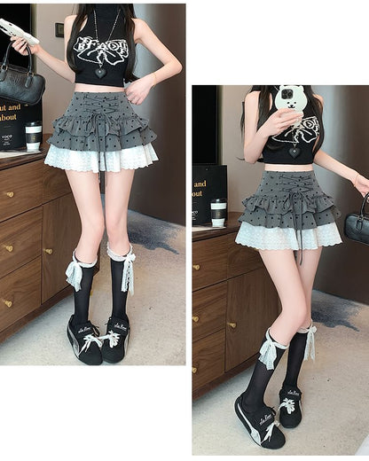 Dotted Tiered A-Line Panel Waist High Lace Mini Bow Skirt