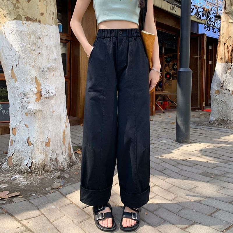 Pants Leg Plain Waist Cropped Wide Elastic