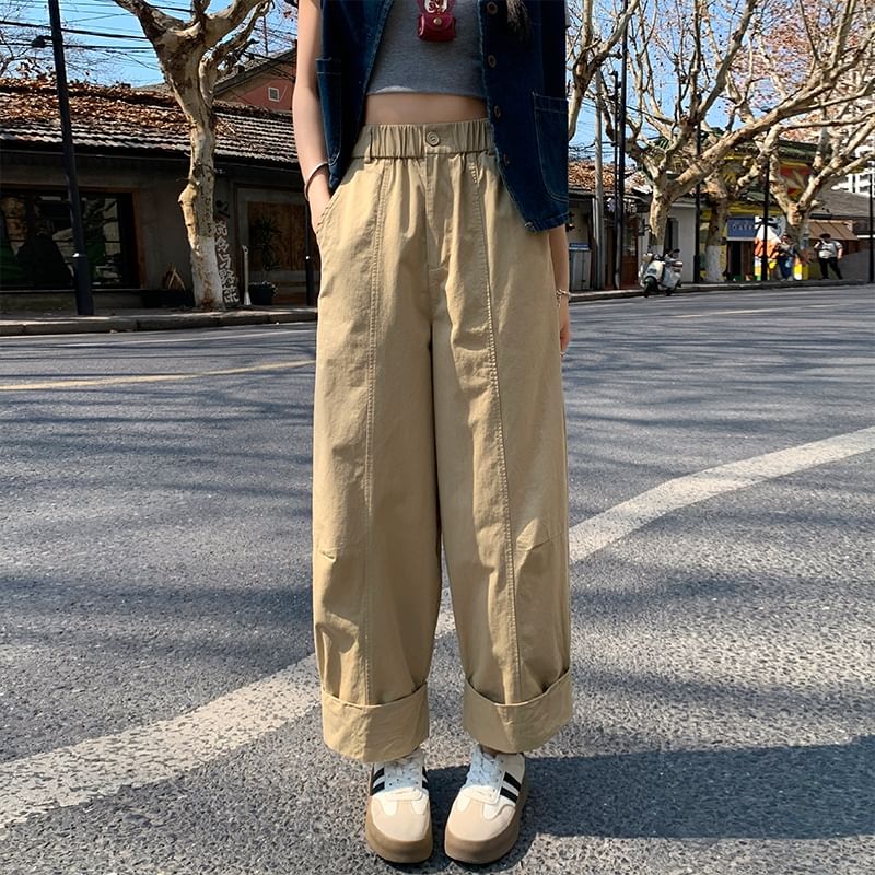 Pants Leg Plain Waist Cropped Wide Elastic