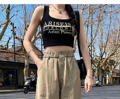 Pants Leg Plain Waist Cropped Wide Elastic