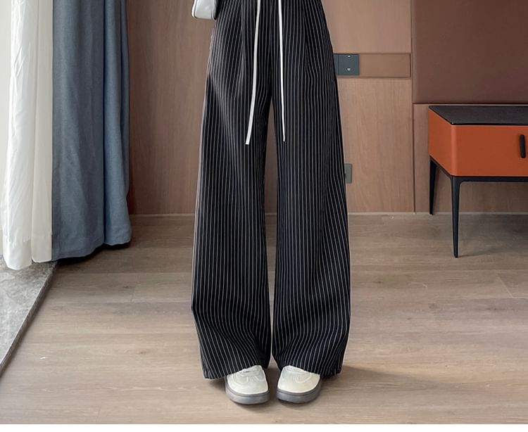Waist Pinstriped Leg Pants Wide Drawstring Designs) (Various