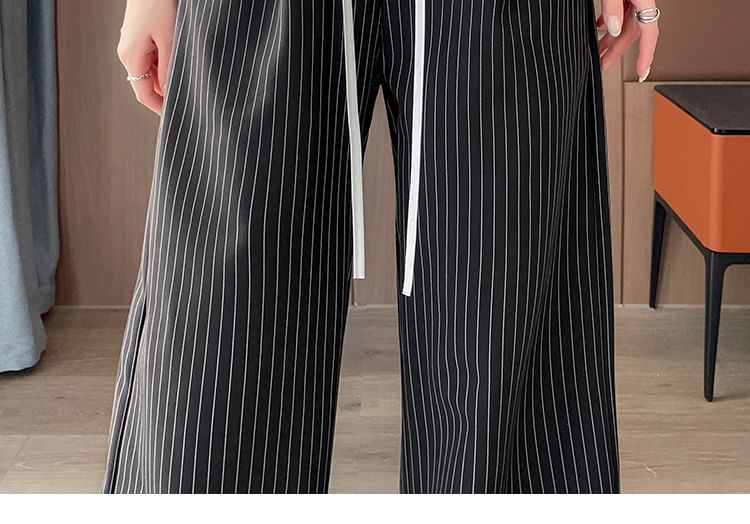 Waist Pinstriped Leg Pants Wide Drawstring Designs) (Various