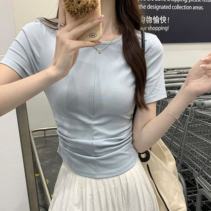 Fit Short-Sleeve T-Shirt Ruched Slim Round Neck Half-Zip